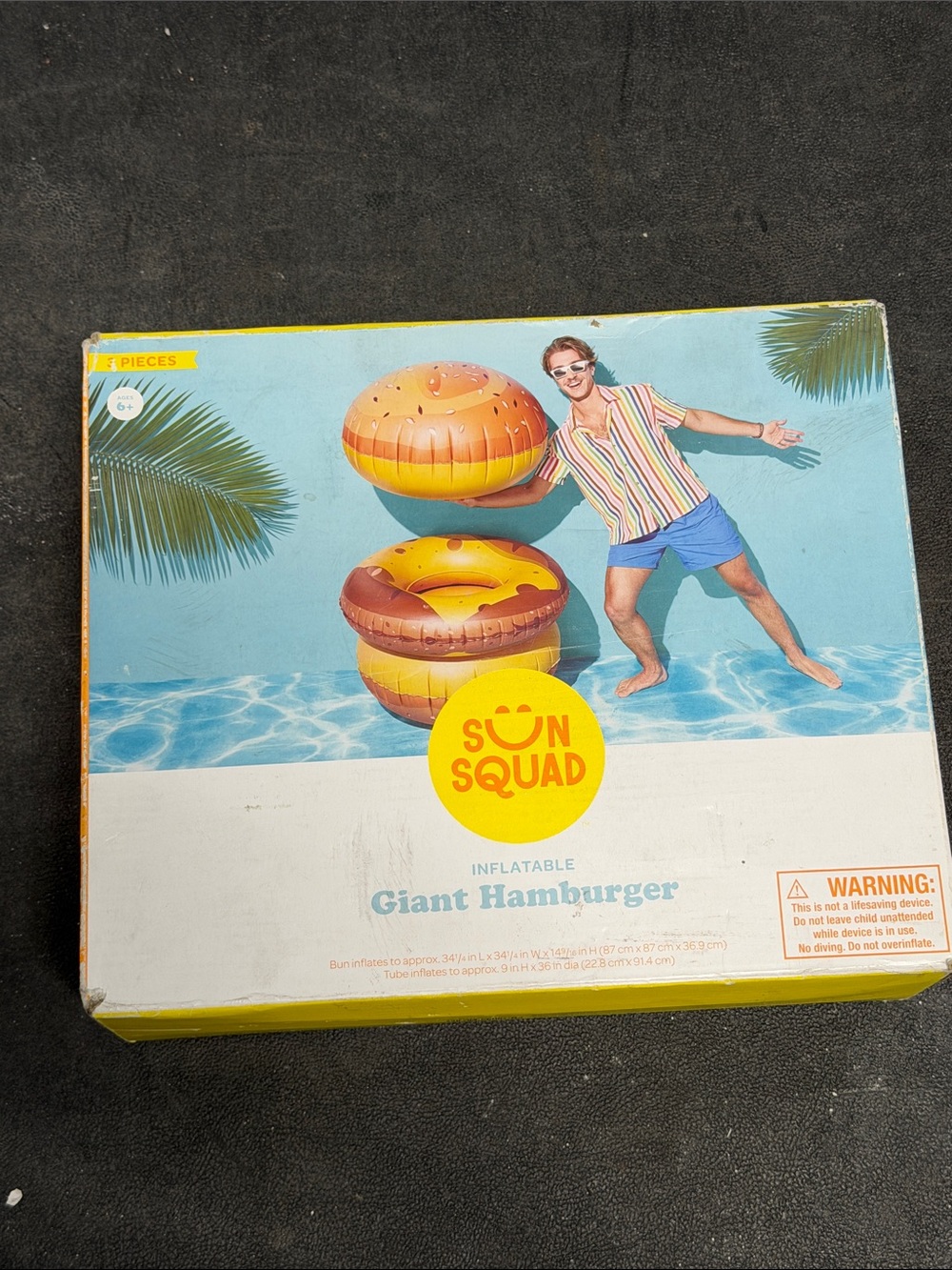 Sun Squad Inflatable Giant Hamburger Pool Float - Yellow/Brown inflates to 34 1/